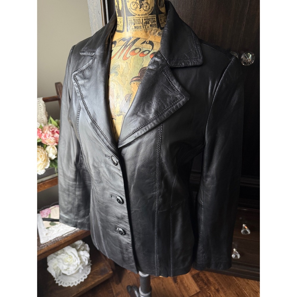 Jones New York Black Leather Blazer Jacket Three Button Pick Stitch Womens Small
